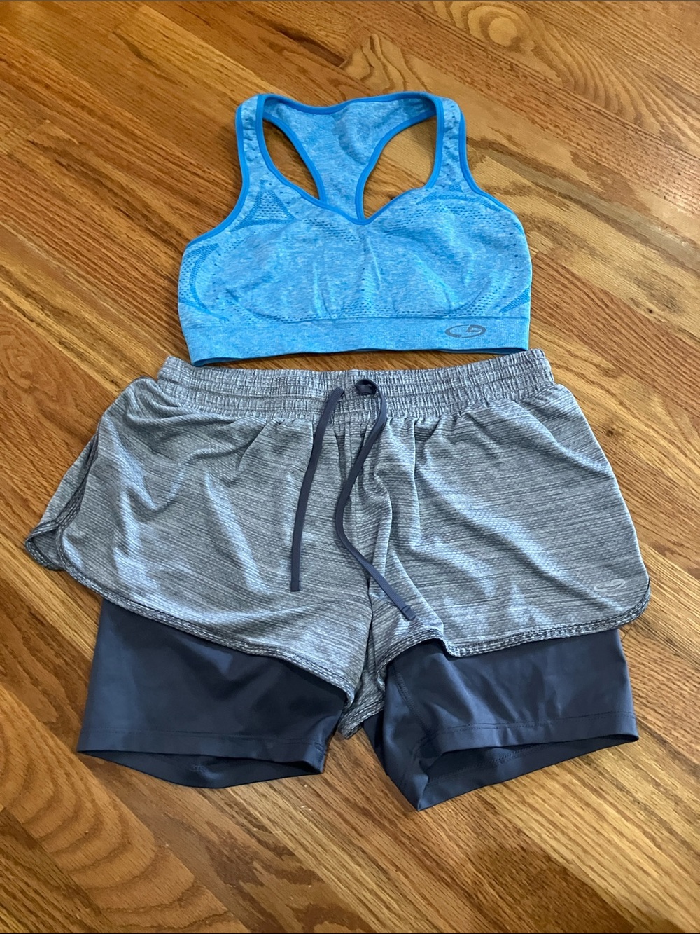 C9 by Champion Blue Racerback Sports Bra + Gray Layered Running Shorts Sz M EUC